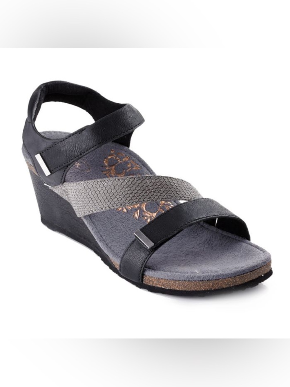AETREX Brynn Black Leather Wedge Sandals